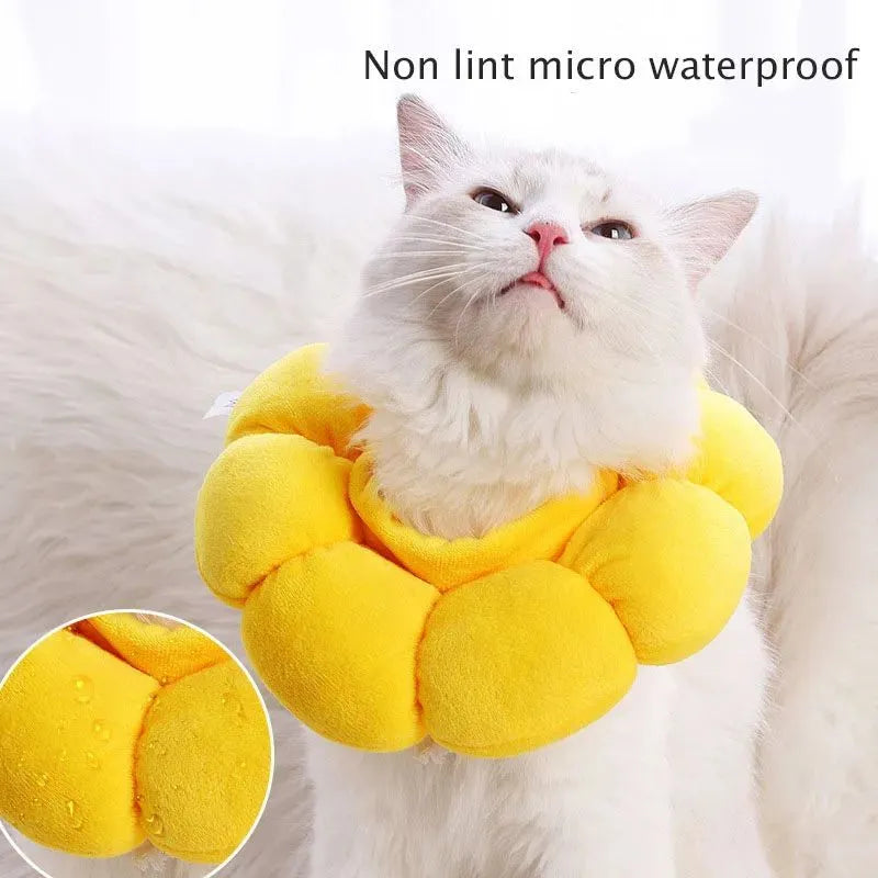 Sunflower patterned cotton recovery collar for a cat or small dog, showing adjustable band.