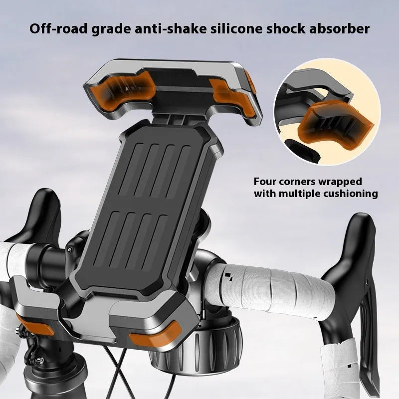 Black ABS cycling phone navigation bracket mounted on bicycle handlebars with shock-absorbing knob