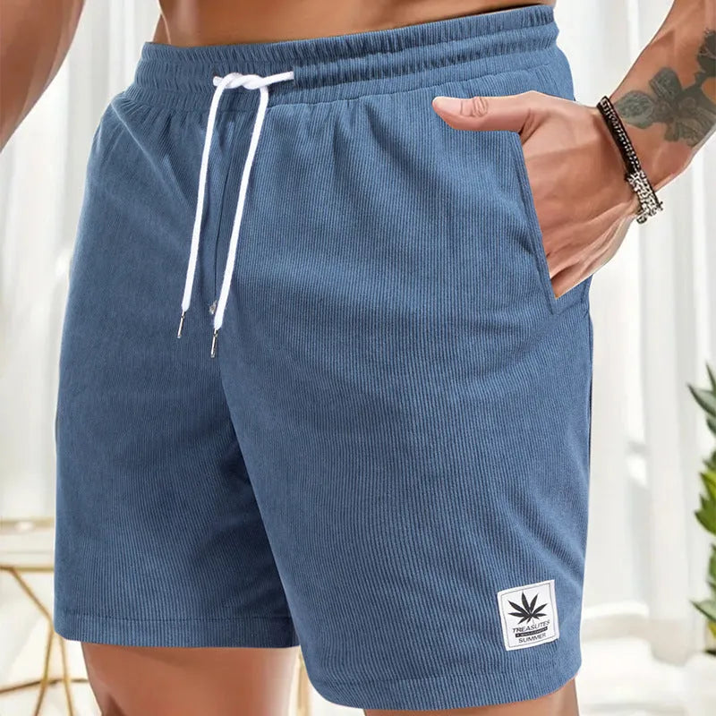 Men's drawstring waist summer shorts in black blue grey khaki colours with straight leg styling