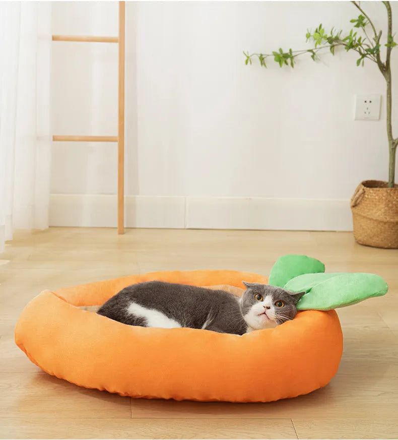 Carrot-shaped nesting dog bed with a blanket, shown in two sizes for small and medium pets.