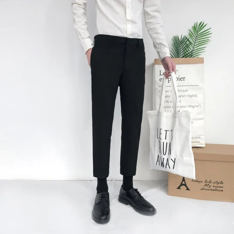 Men's Korean-style straight leg cotton pants in black, gray, or khaki with drawstring waist