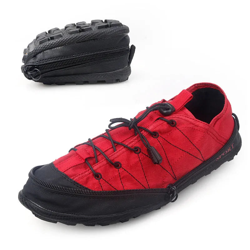 Portable folding outdoor shoes with mesh upper and side zipper in orange colour