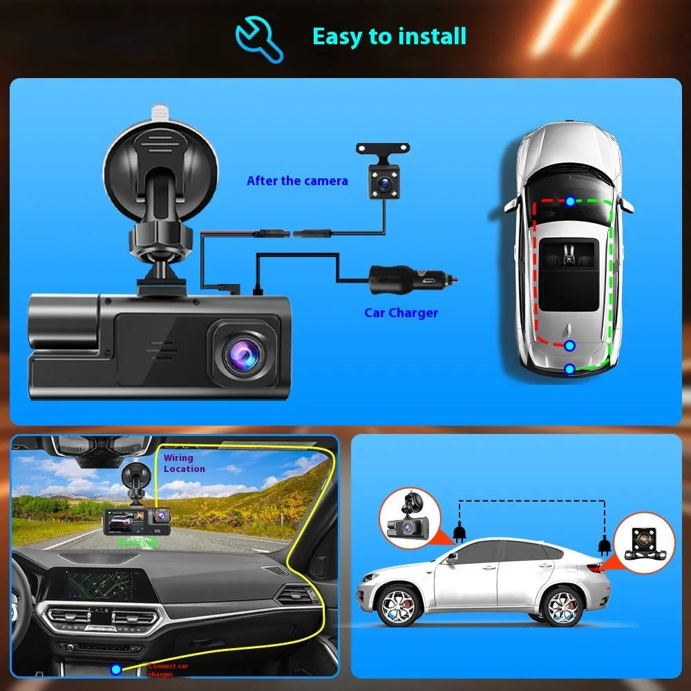 WiFi driving recorder dash cam with 2-inch screen for front and rear car video recording.