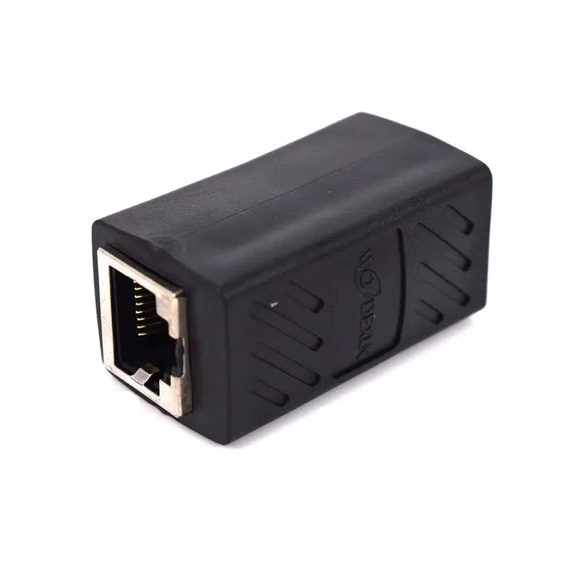 Black RJ45 female-to-female Ethernet cable extender coupler.
