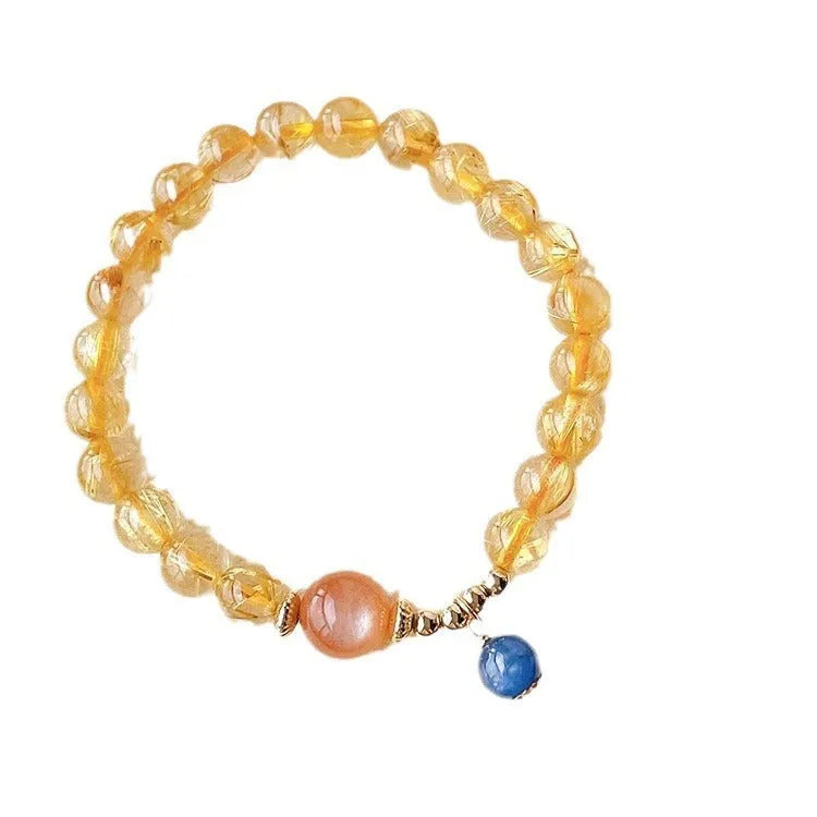 Natural gold rutilated quartz sunstone crystal bracelet with diamond-shaped beads for women