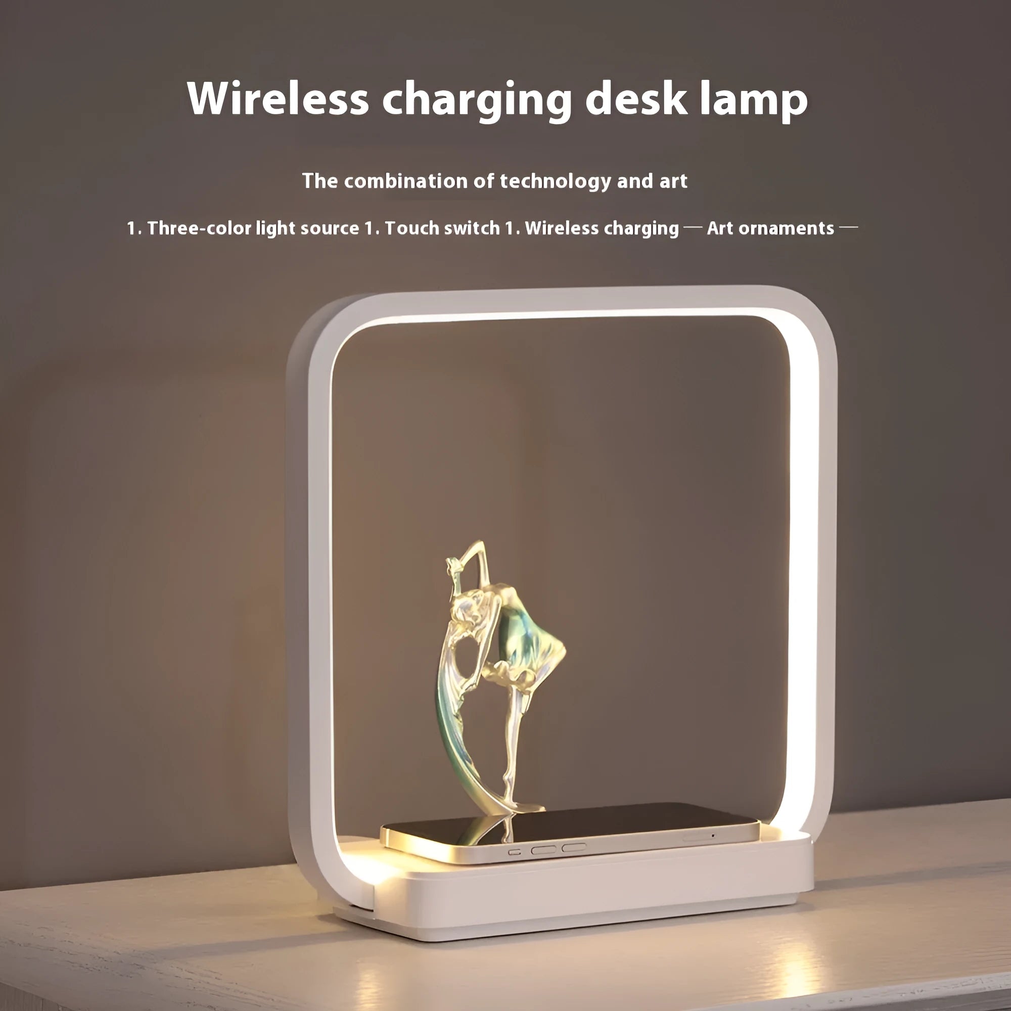 Blue decorative table lamp with wireless phone charging pad integrated into base