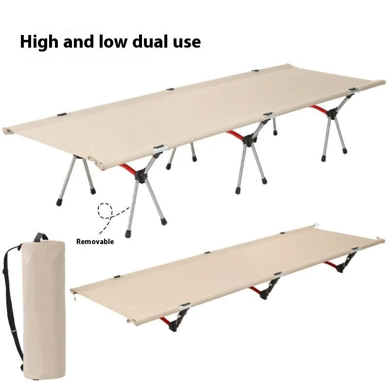 Portable folding bed in khaki colour showing folded and assembled configurations with storage bag