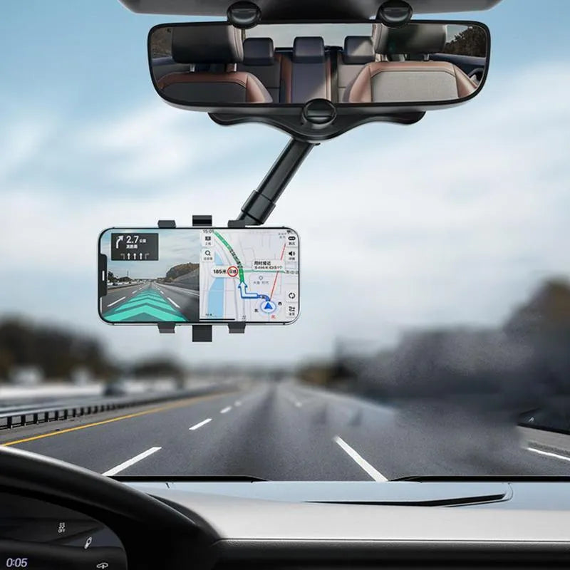 Black rearview mirror car phone holder showing 360-degree rotation and telescopic arm extended