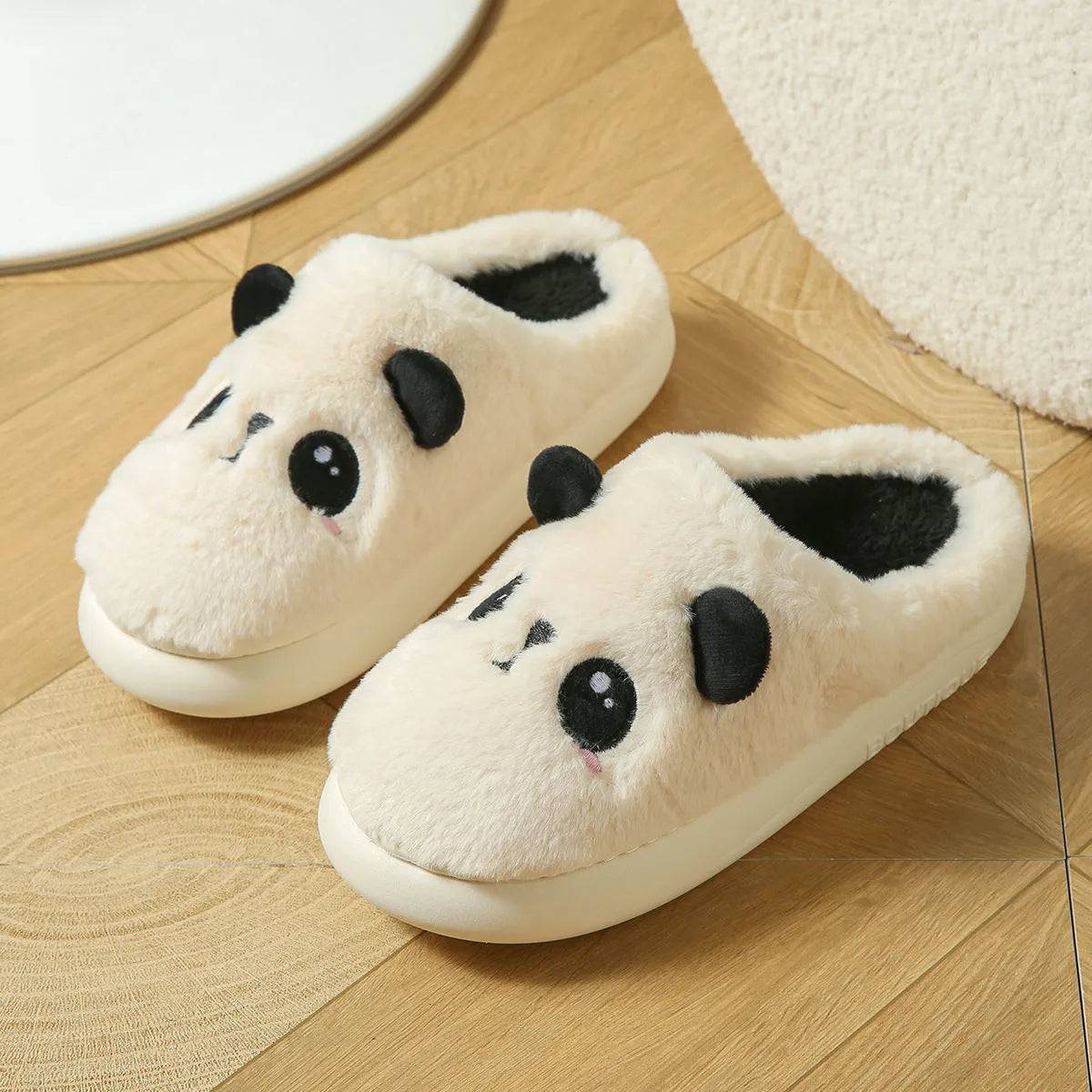 Panda-themed cotton and linen toe ring slippers with PVC sole on size chart