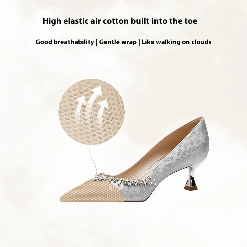 Women's champagne Chinese style satin wedding high heels with rhinestone decoration