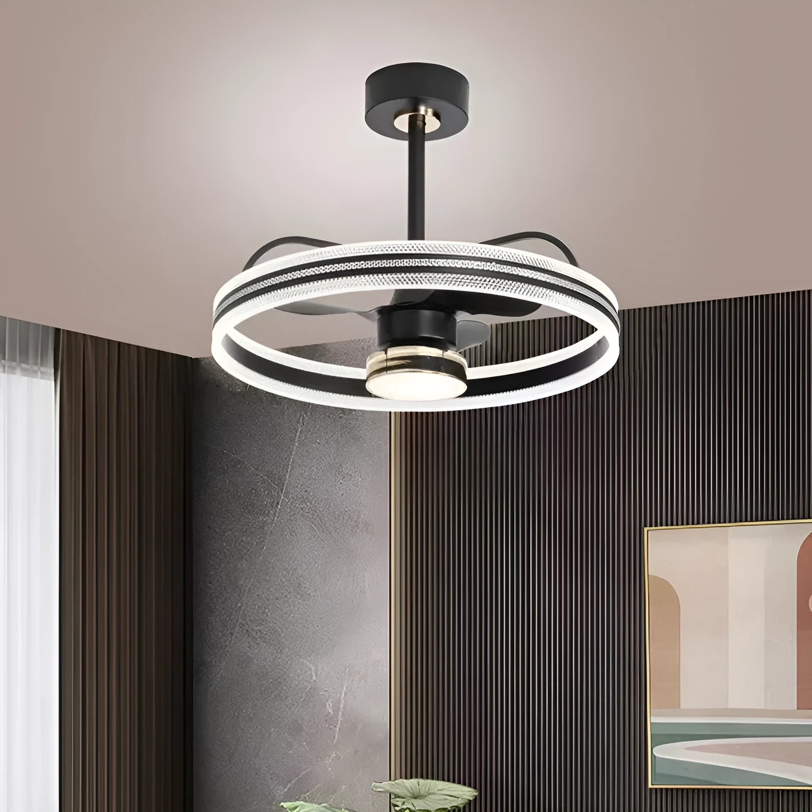 60cm diameter ceiling fan light with remote control showing black and gold finish options