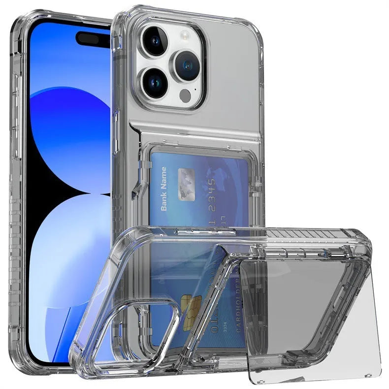 Transparent TPU PC phone case with flip card holder and card inserted on a white background