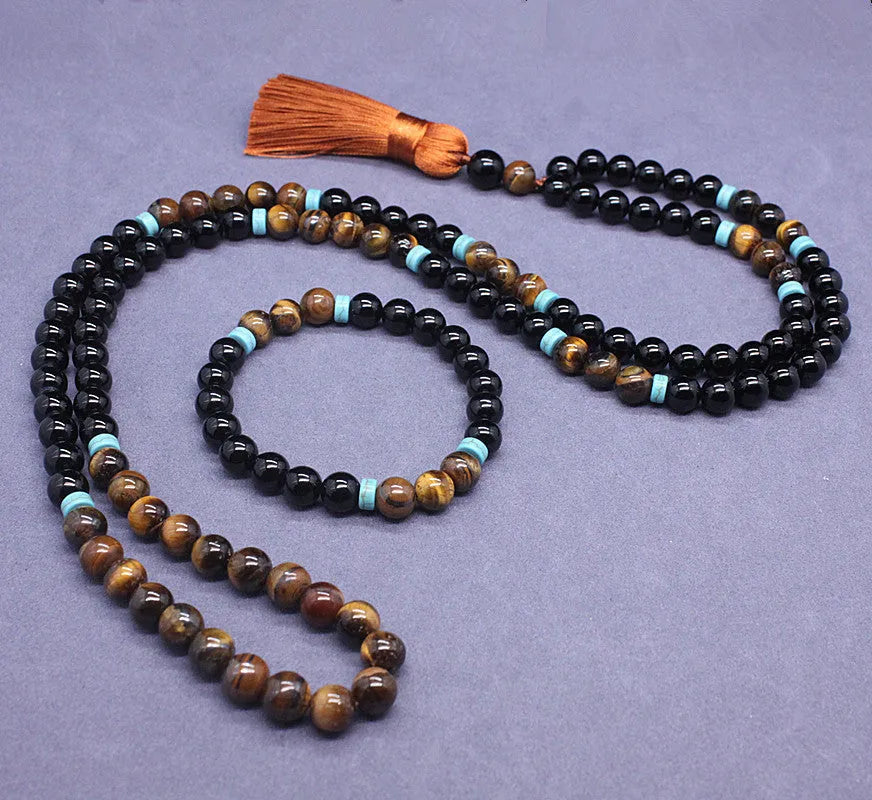 Black agate bracelet and tiger eye necklace set with geometric bead design