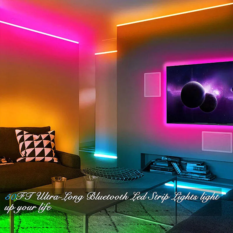 12V RGB LED light strip with 44-key Bluetooth remote and power adapter on a white background.