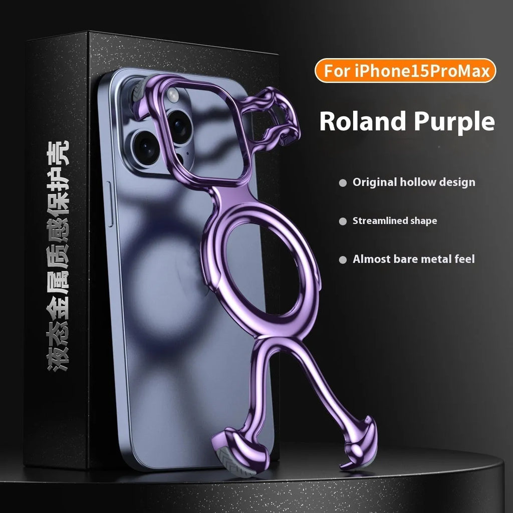 Magnetic iPhone case in bright silver with hollow design for heat dissipation and drop resistance.
