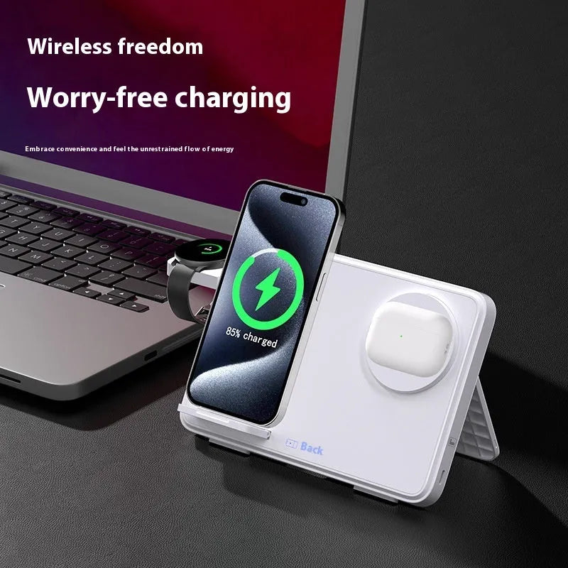 15W three-in-one wireless charger in Black or Ivory White, 184 x 21.5 x 130 mm, for Apple and Samsung devices