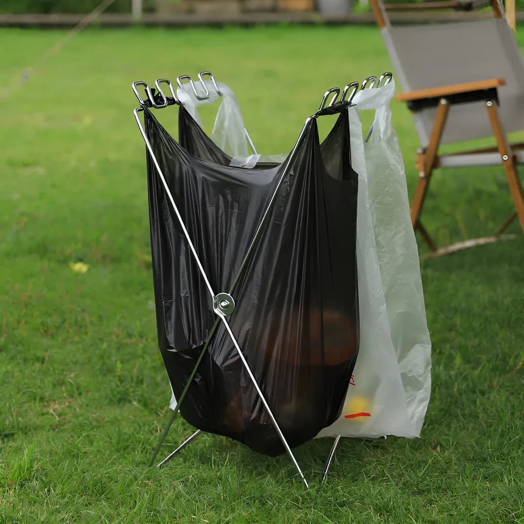 Silver stainless steel folding garbage bag bracket holding black bin bag for outdoor use