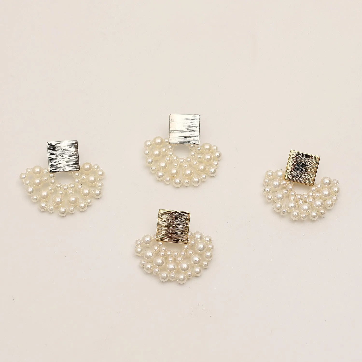 Handmade pearl woven scalloped stud earrings in 14K true gold electroplated alloy with inlaid pearls