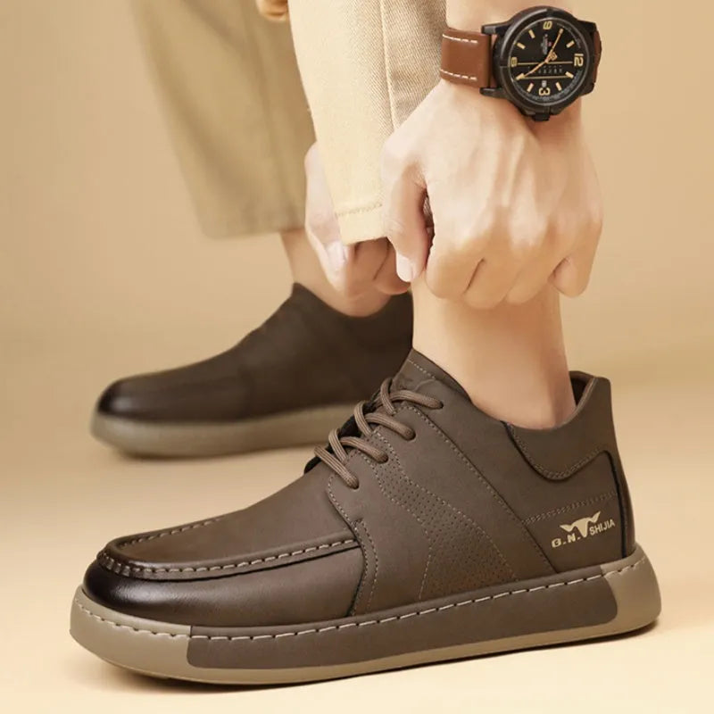 Men's British mid-top leather formal lace-up shoe in khaki and black with stitching detail