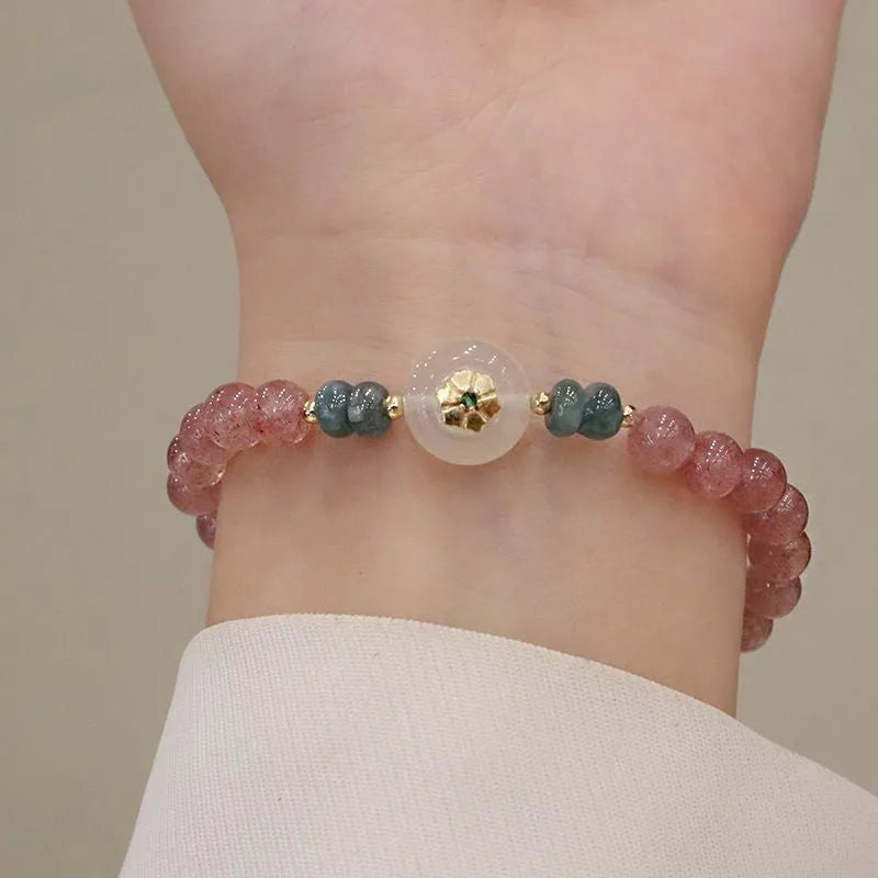 Women's strawberry quartz bracelet with blue water emerald round jade pendant, geometric diamond design with Ruyi and peace buckle elements