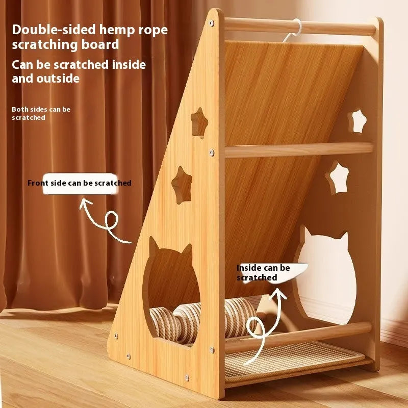 Vertical wall-mounted cat scratch board with sisal surface and dangling teasing ball