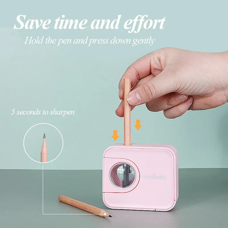 Children's electric pencil sharpener with camera design, plastic, 5-second sharpening, available in black blue green pink