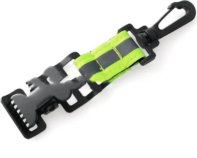 Fluorescent green metal buckle safety clip for industrial gloves and equipment.