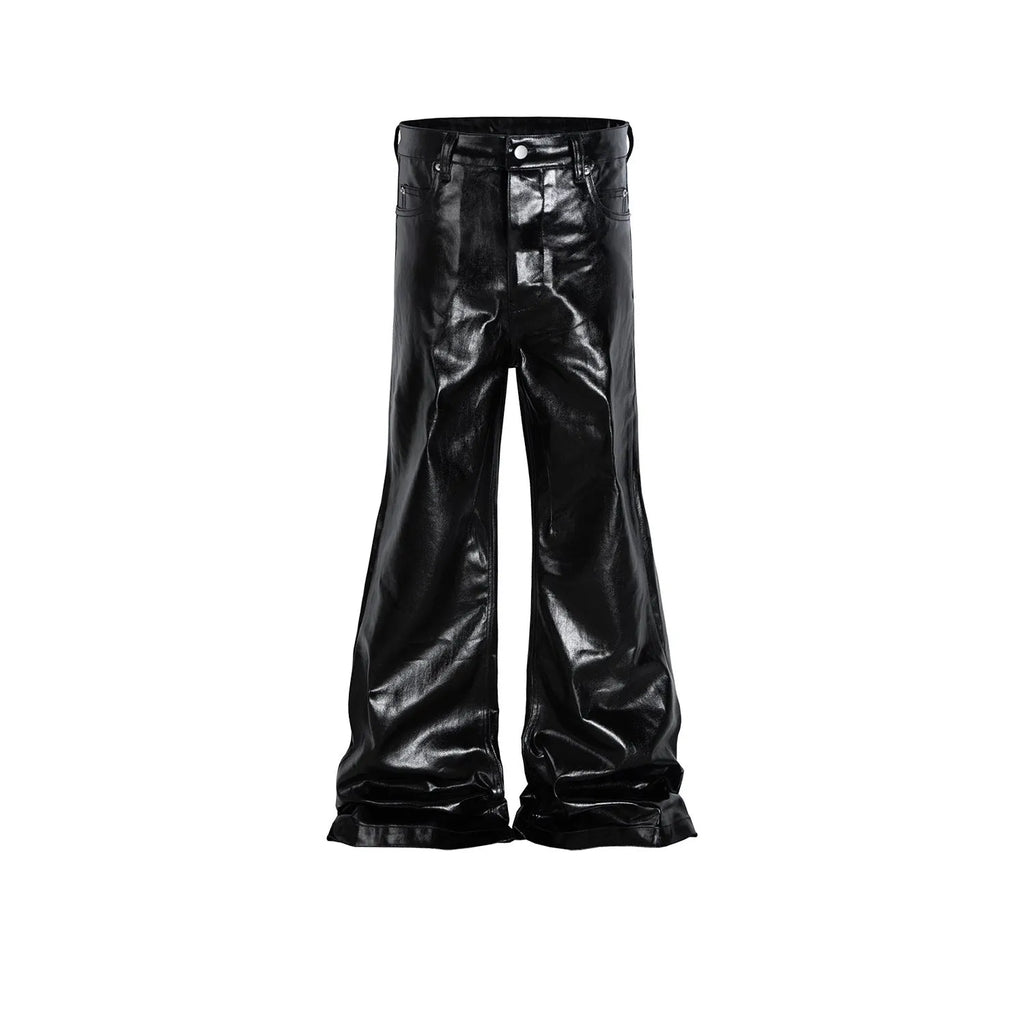 Black shiny patent leather skinny jeans with a straight-leg cut and mid waist
