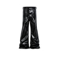 Black shiny patent leather skinny jeans with a straight-leg cut and mid waist