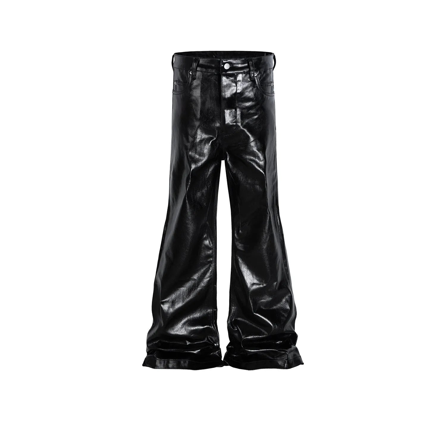 Black shiny patent leather skinny jeans with a straight-leg cut and mid waist