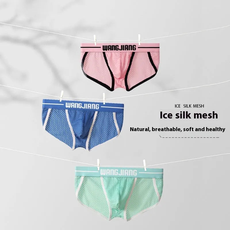 Men's mesh breathable triangle underwear in Ice Silk fabric showing quick-drying sports design in multiple colour options