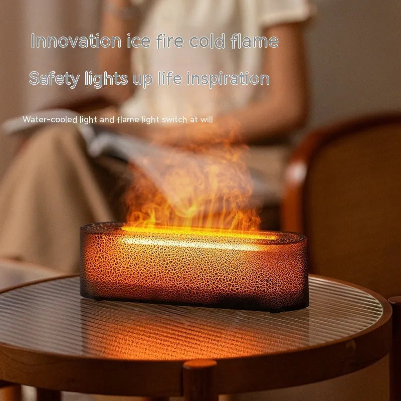 Square black creative lava lamp USB desktop humidifier and essential oil diffuser on a wooden desk.