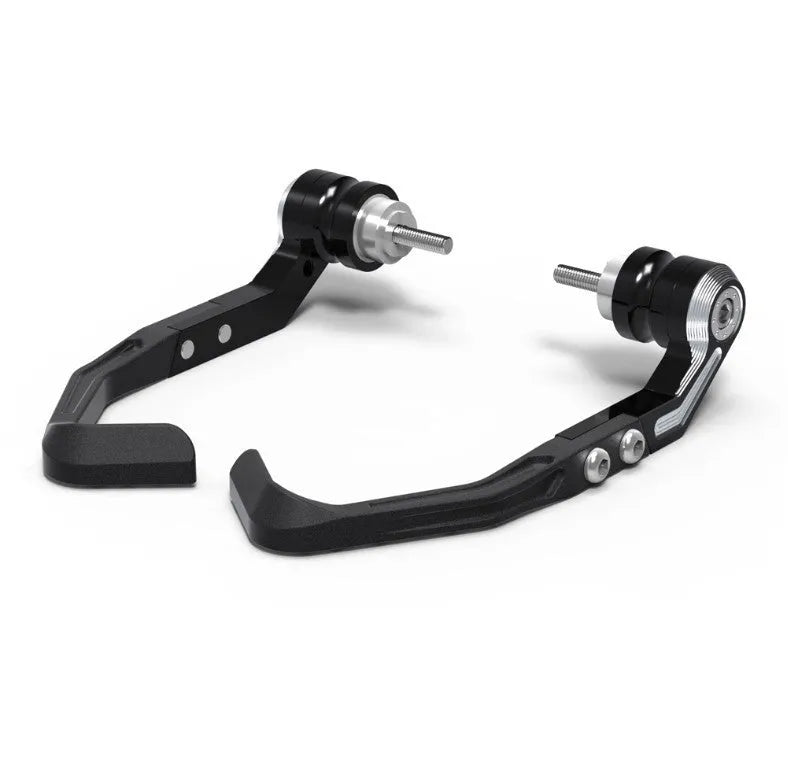A pair of CNC-machined black bow guard pads for Honda CBR650 motorcycle brake horn protection.