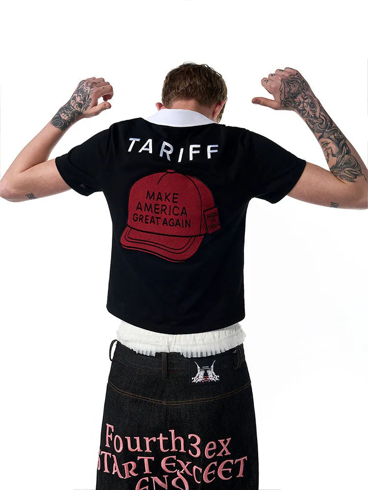 Black slim fit men's short sleeve polo shirt with embroidery detail on the front.