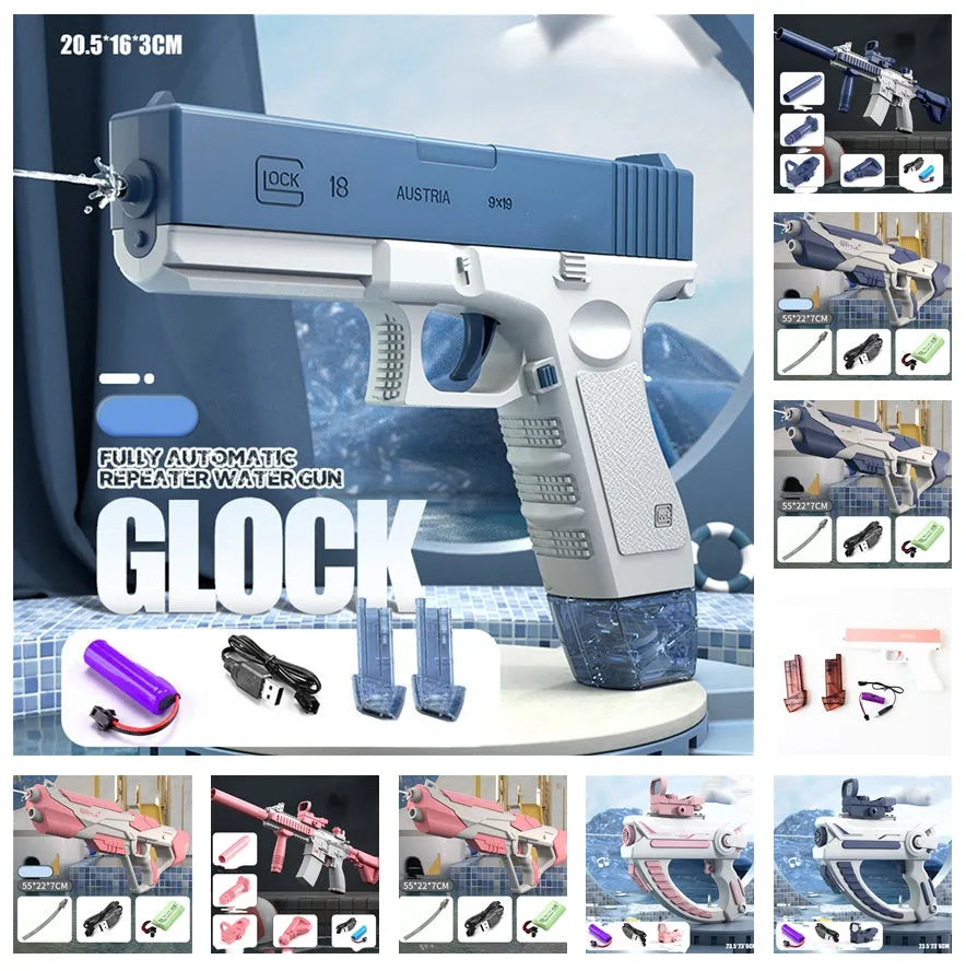 Electric automatic water absorption water gun in blue or pink with 358ml capacity and USB charging