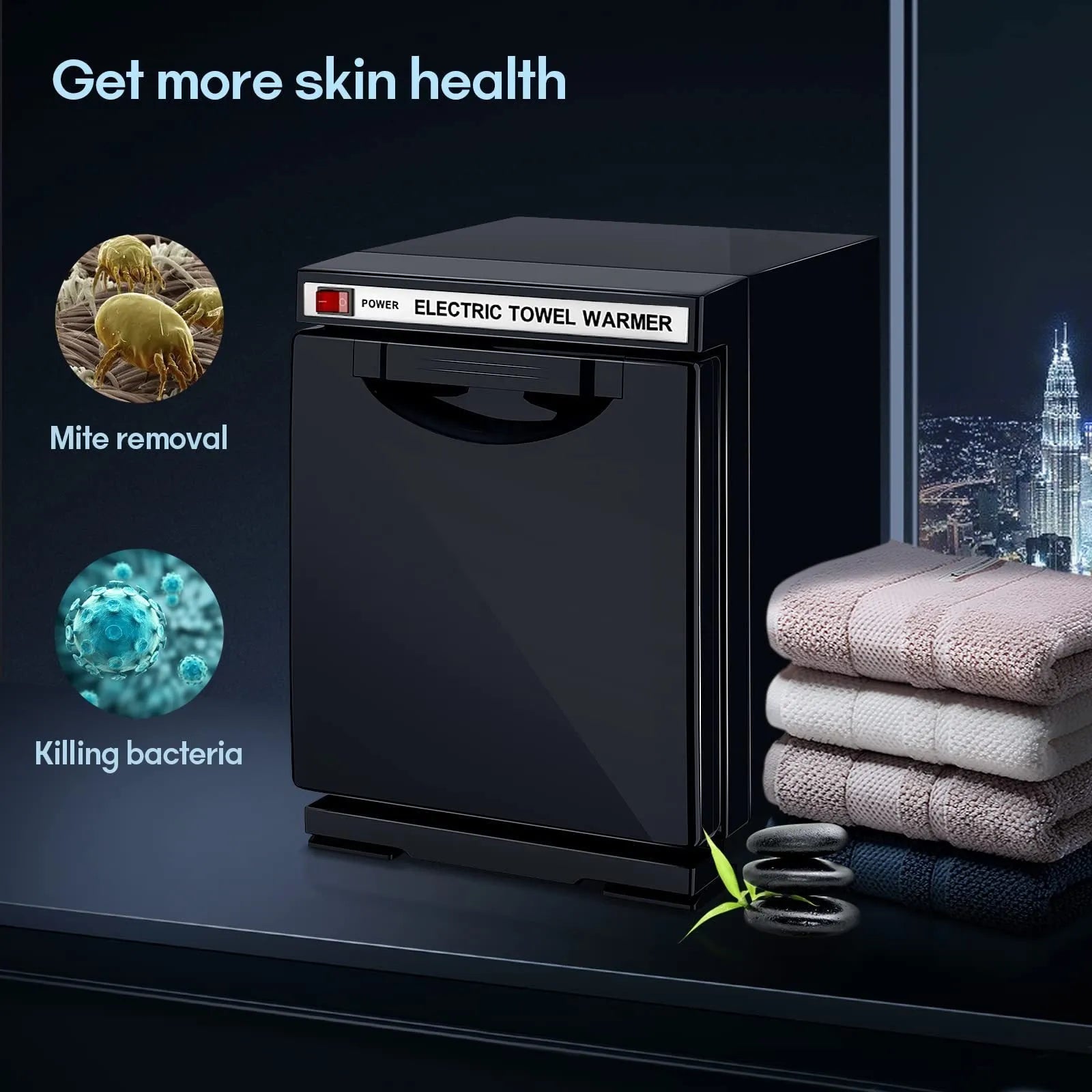 UV ozone disinfection cabinet with towel heating in black finish, front view, for household use
