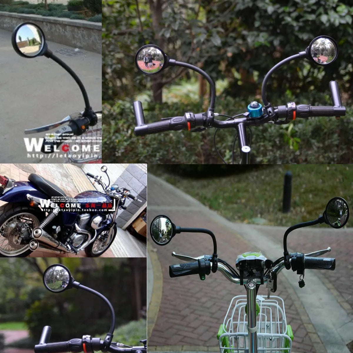 Black metal bicycle rearview mirror with hose adjustment clamp for handlebar mounting