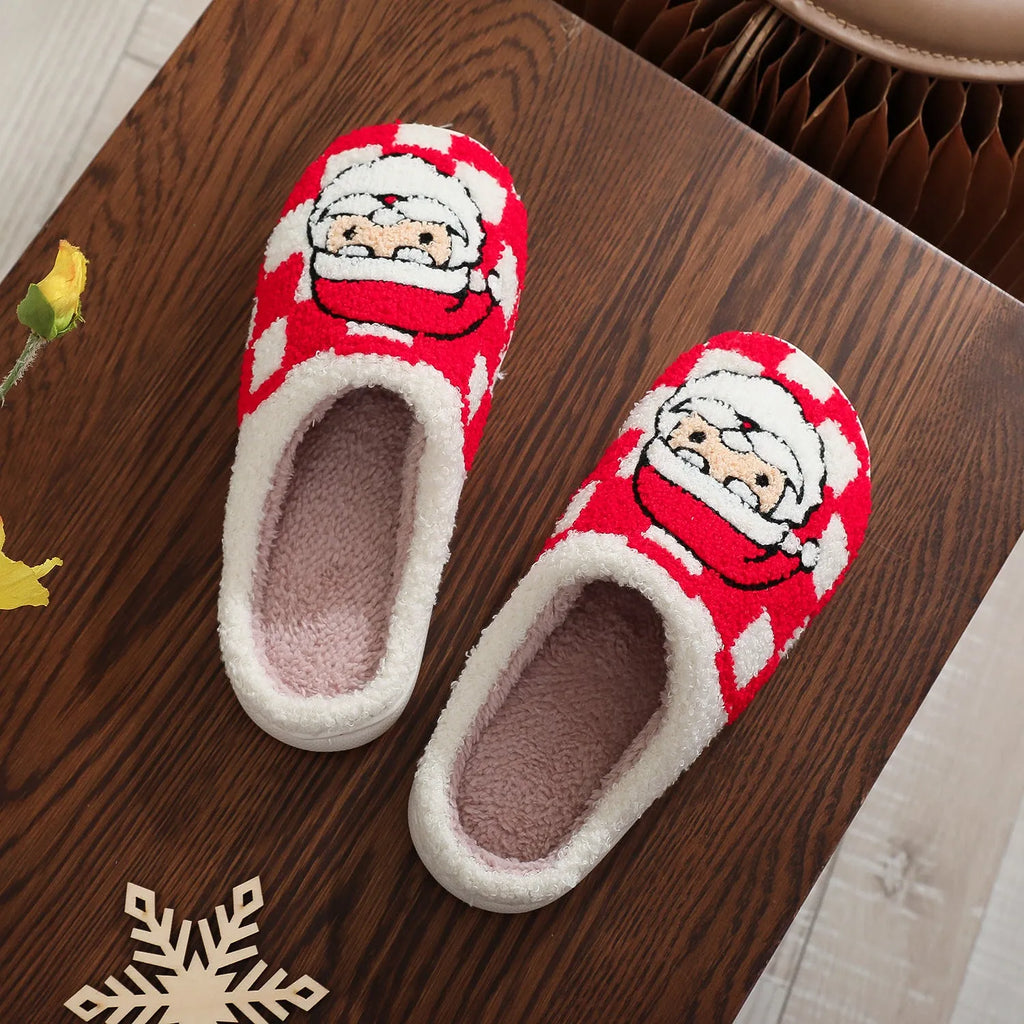 Red checkered Christmas plaid Santa Claus slippers with non-slip TPR sole for indoor winter wear