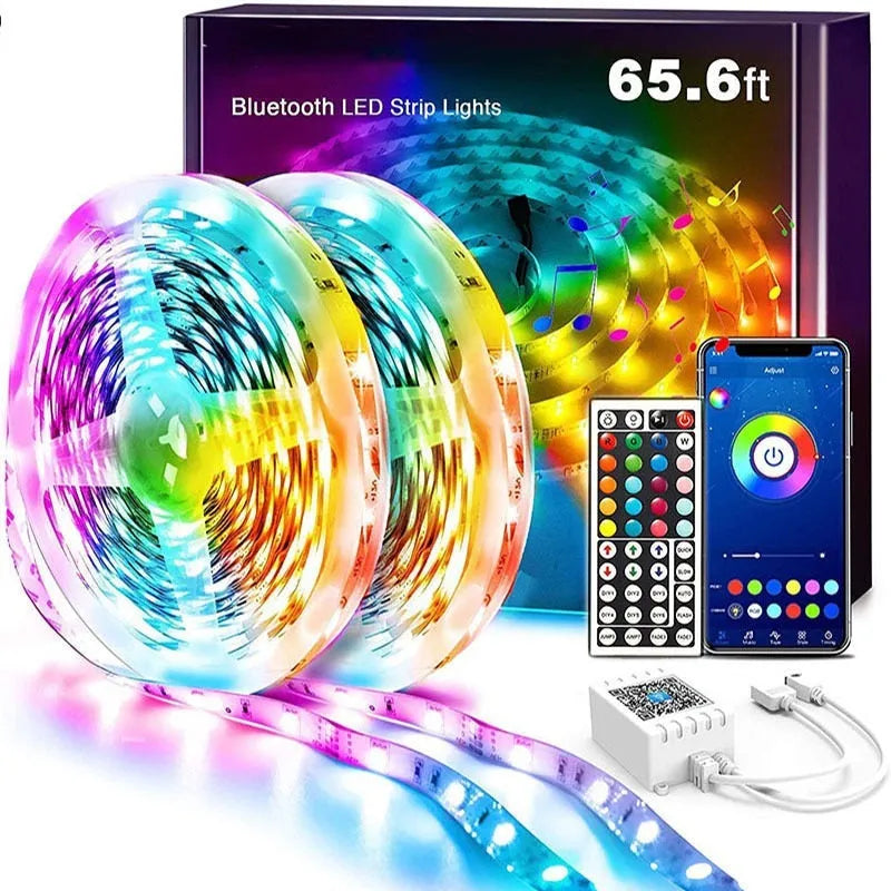 12V RGB LED light strip with 44-key Bluetooth remote and power adapter on a white background.