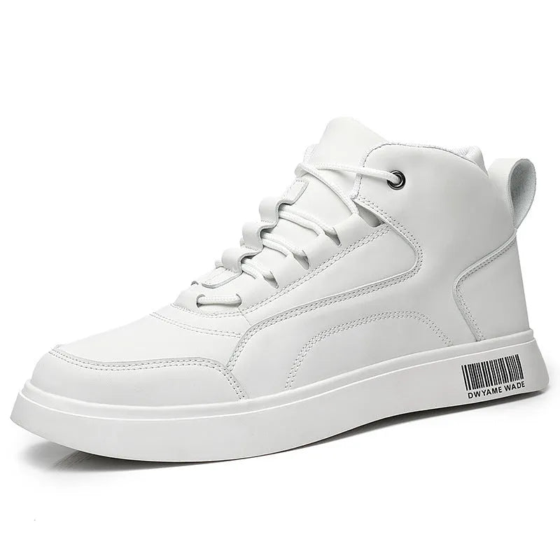 Men's white mid-top lace-up board shoes with round toe and rubber sole