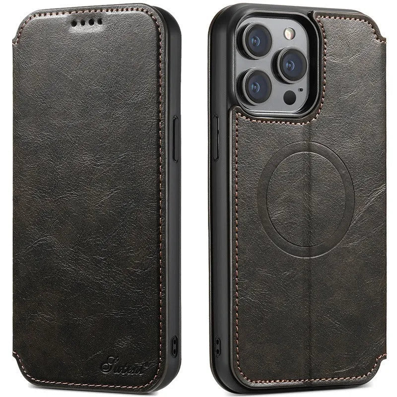 Magnetic phone case with card holster and bracket for iPhone 16, black frosted PU TPU