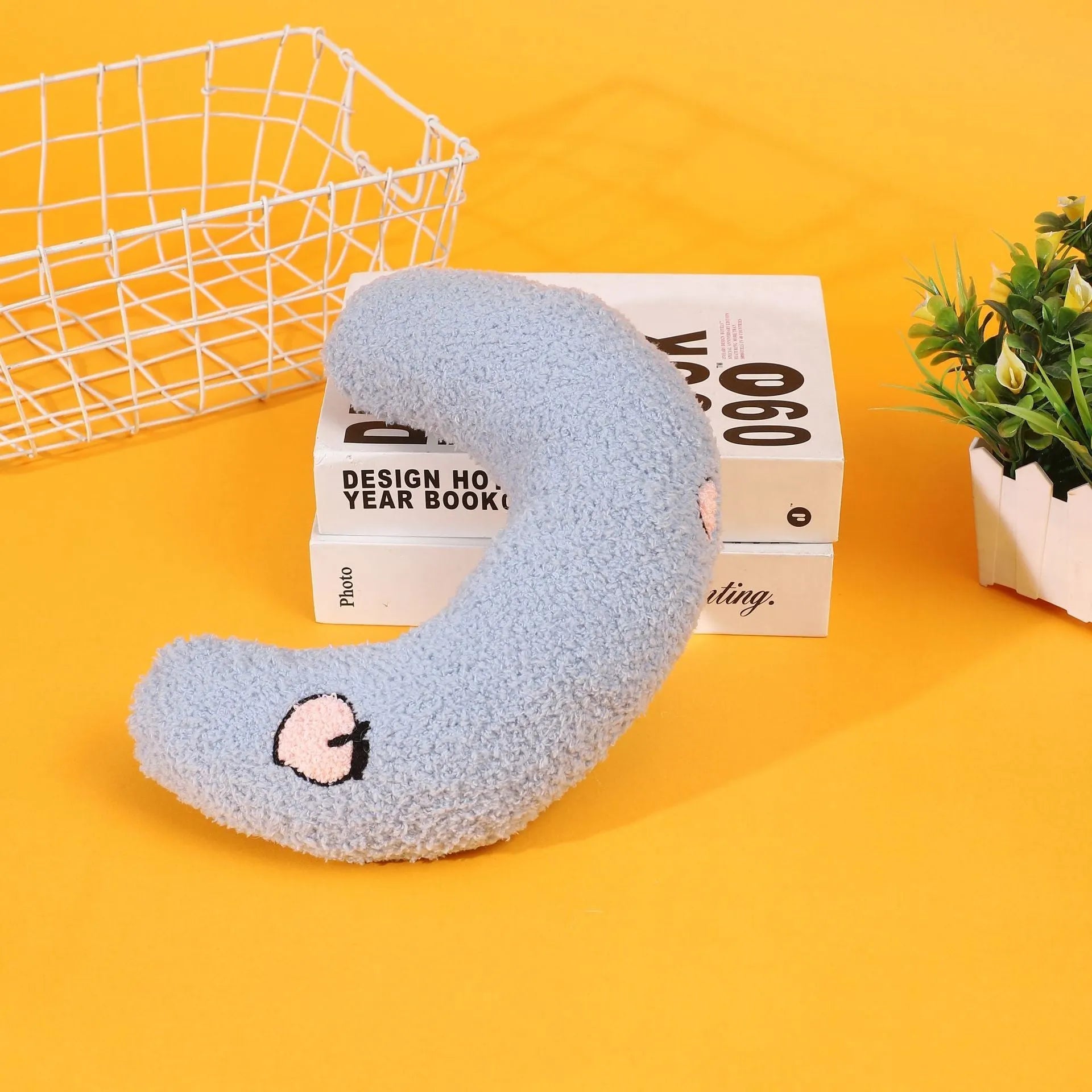Blue U-shaped half moon cartoon pillow for cats in cage or bed