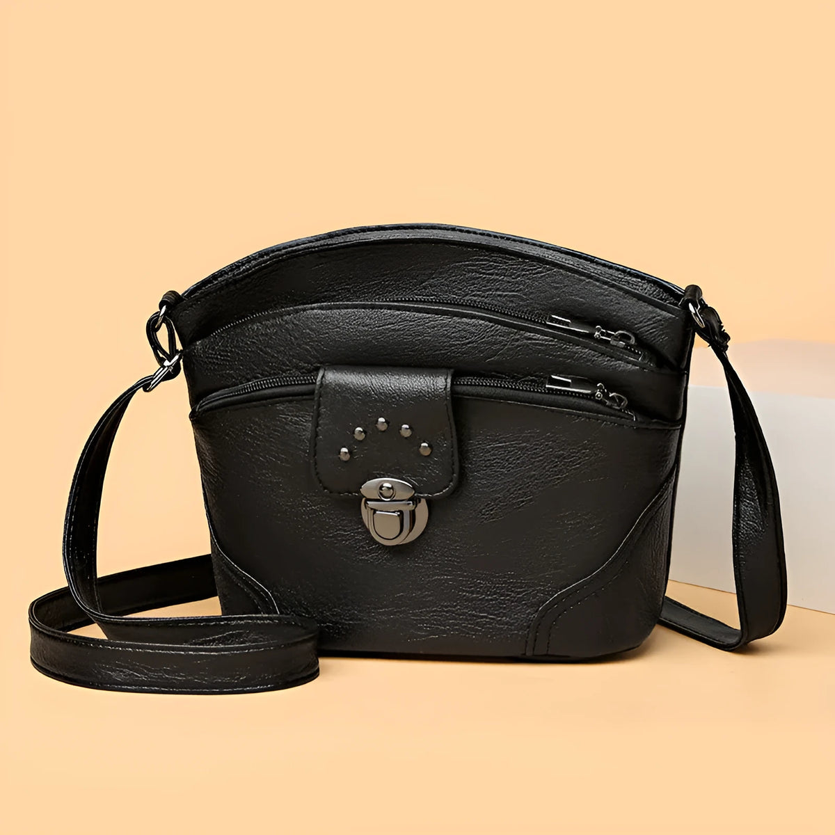 Retro simple women's handbag in soft PU, 19x10x18cm horizontal square with sandwich pocket, black or brown.