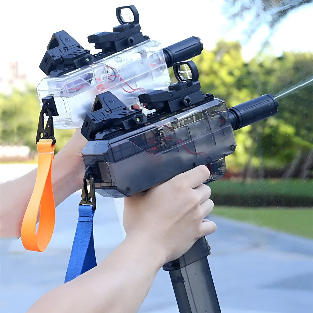 Electric water gun toy with transparent design showing internal components and water level