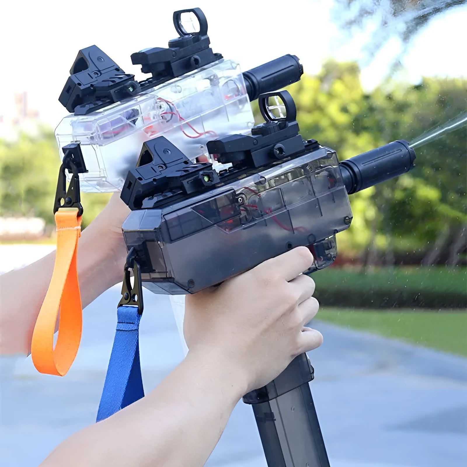 Electric water gun toy with transparent design showing internal components and water level