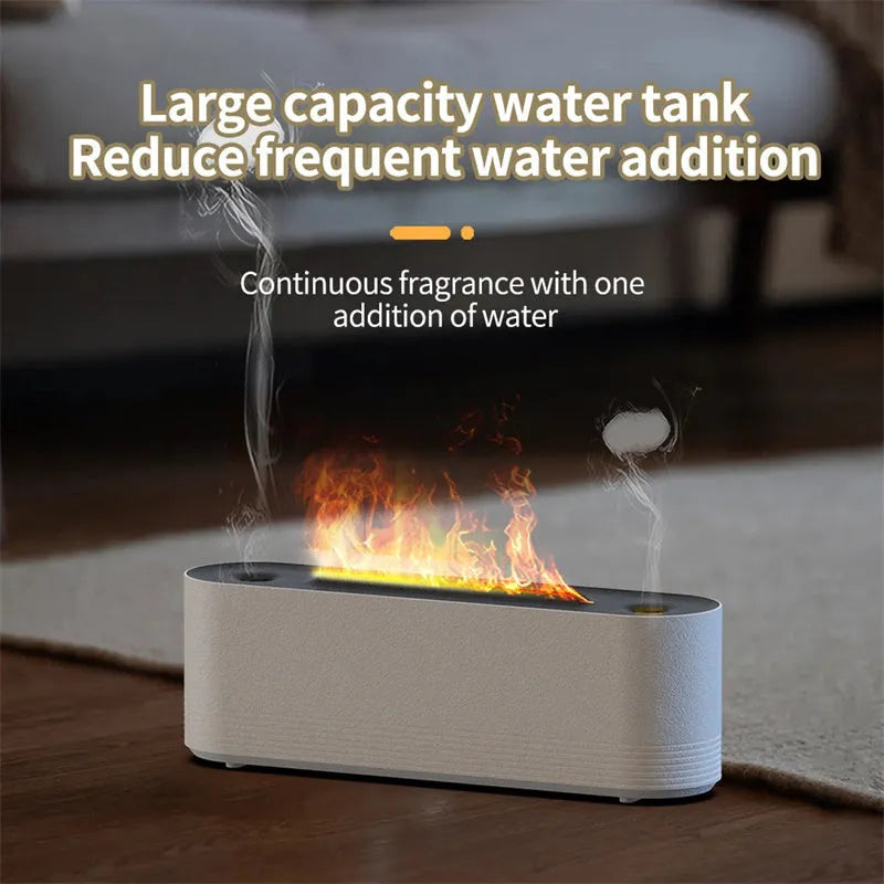 Black ultrasonic aromatherapy diffuser with LED flame lights emitting cool mist vapour