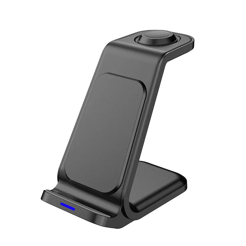 Three-in-one 15W wireless charger vertical stand in black, charging a smartphone and accessories