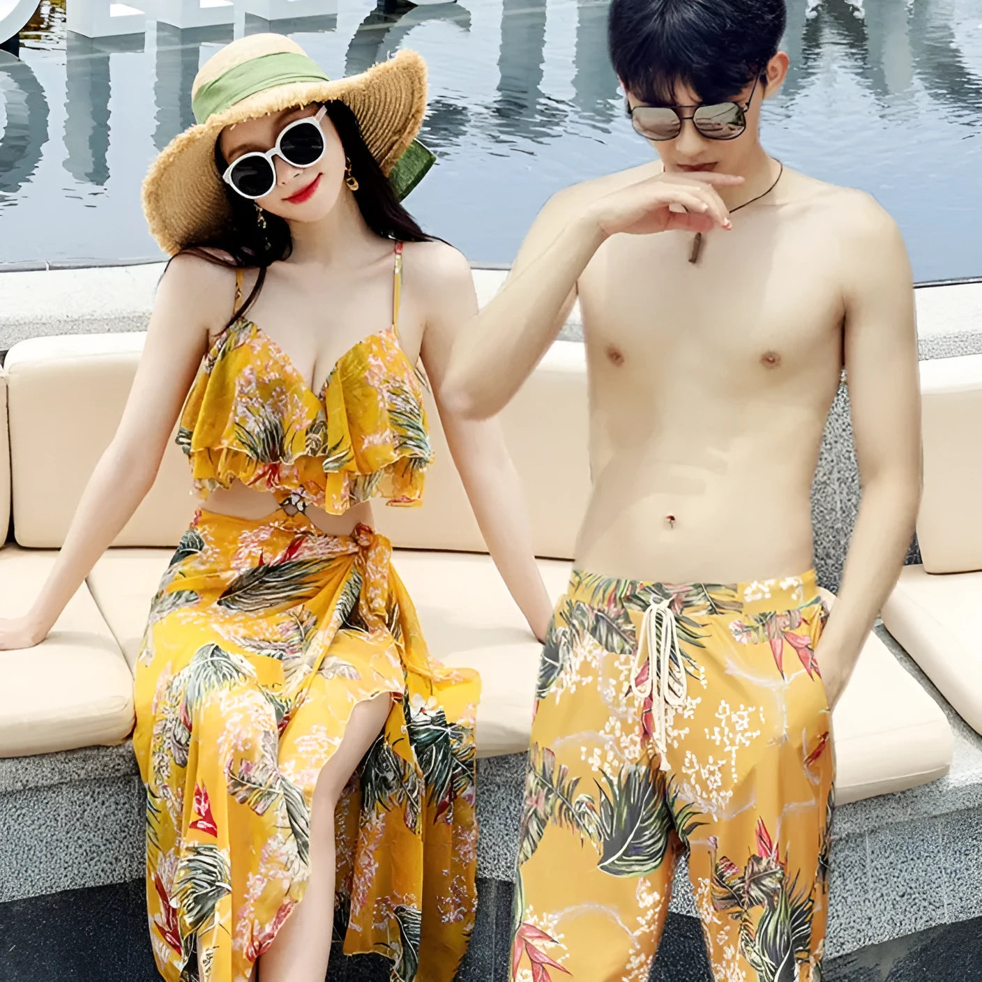 Women's push up one-piece triangle swimsuit with veil belt in pink floral, matching men's shorts, couple beachwear