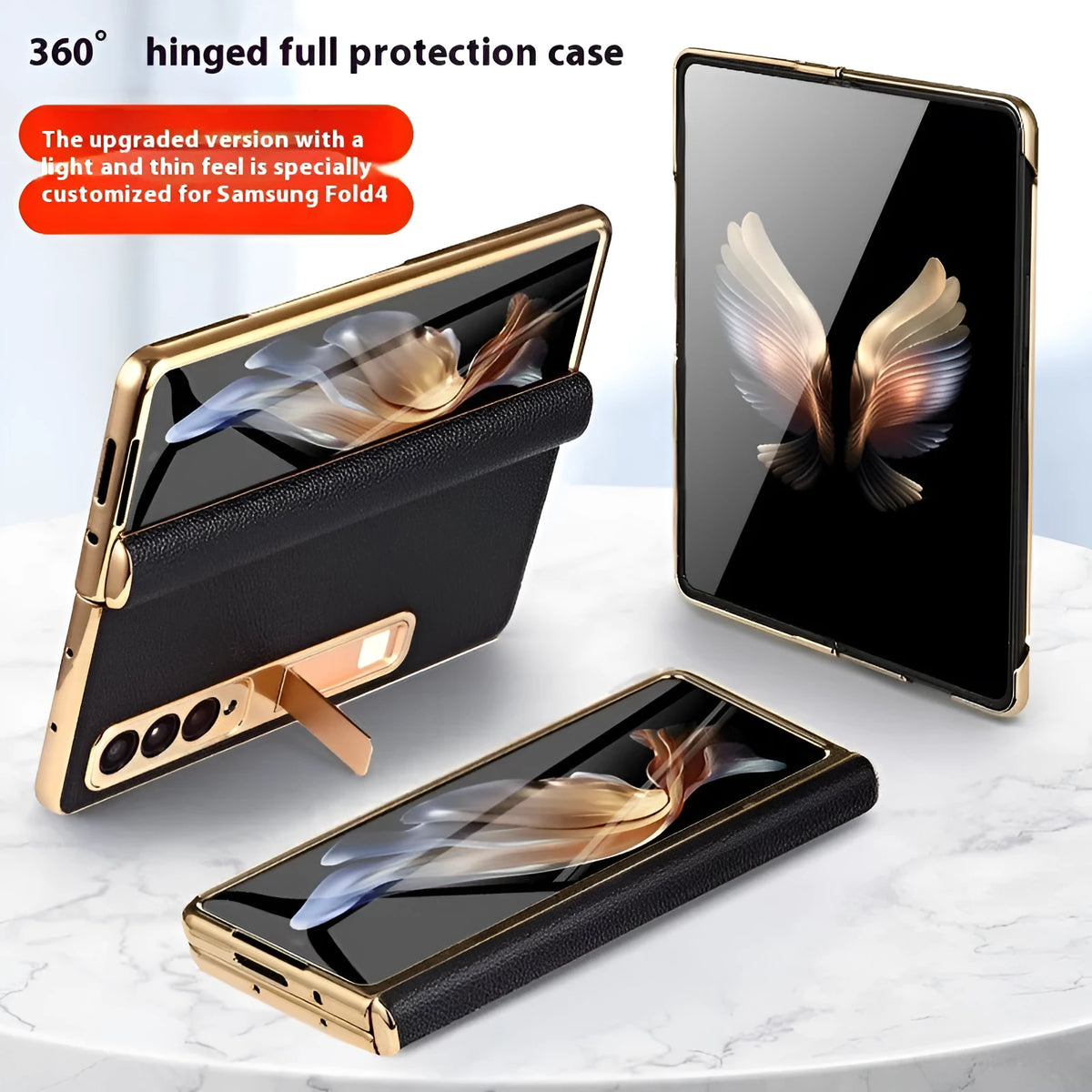 Genuine leather phone case for Samsung Galaxy Z Fold series in crocodile pattern black with built-in bracket