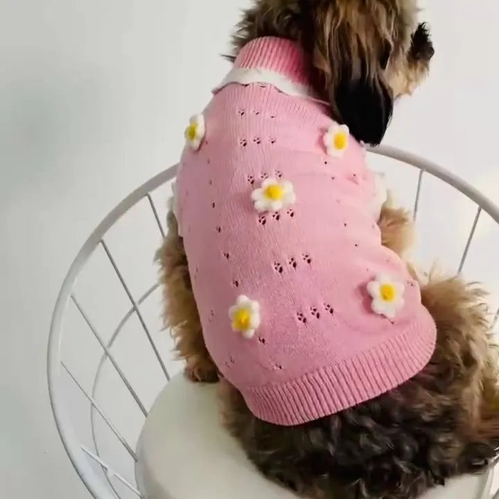 Green flower blossom pattern dog sweater shown on a small pet, with a size chart for XS to XL visible.